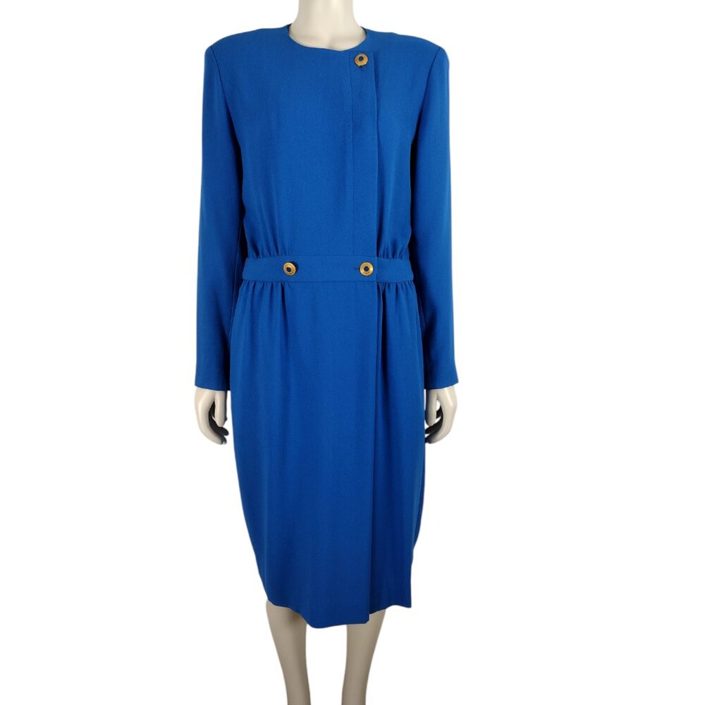 Vintage 1990s Liz Claiborne Blue Asymmetric Midi Secretary Dress Size 10